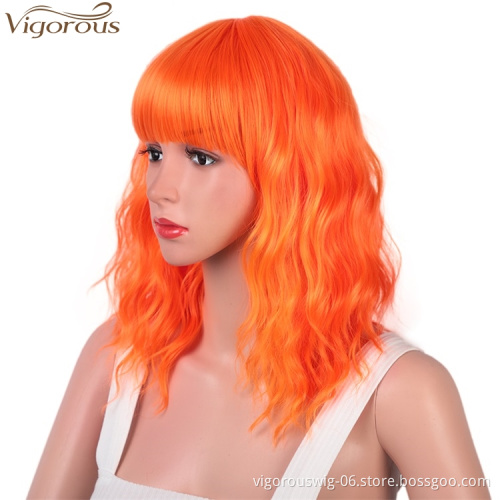Vigorous Good Quality 14 Inches Female Short Wavy Synthetic Bob Wigs With Bangs Synthetic Heat Resistant Fiber Cosplay Wig